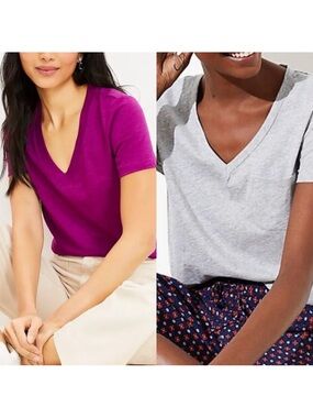 LOFT Everyday V-Neck Tees Set of 2 in Magenta and Light Grey - Size M (NWOT)